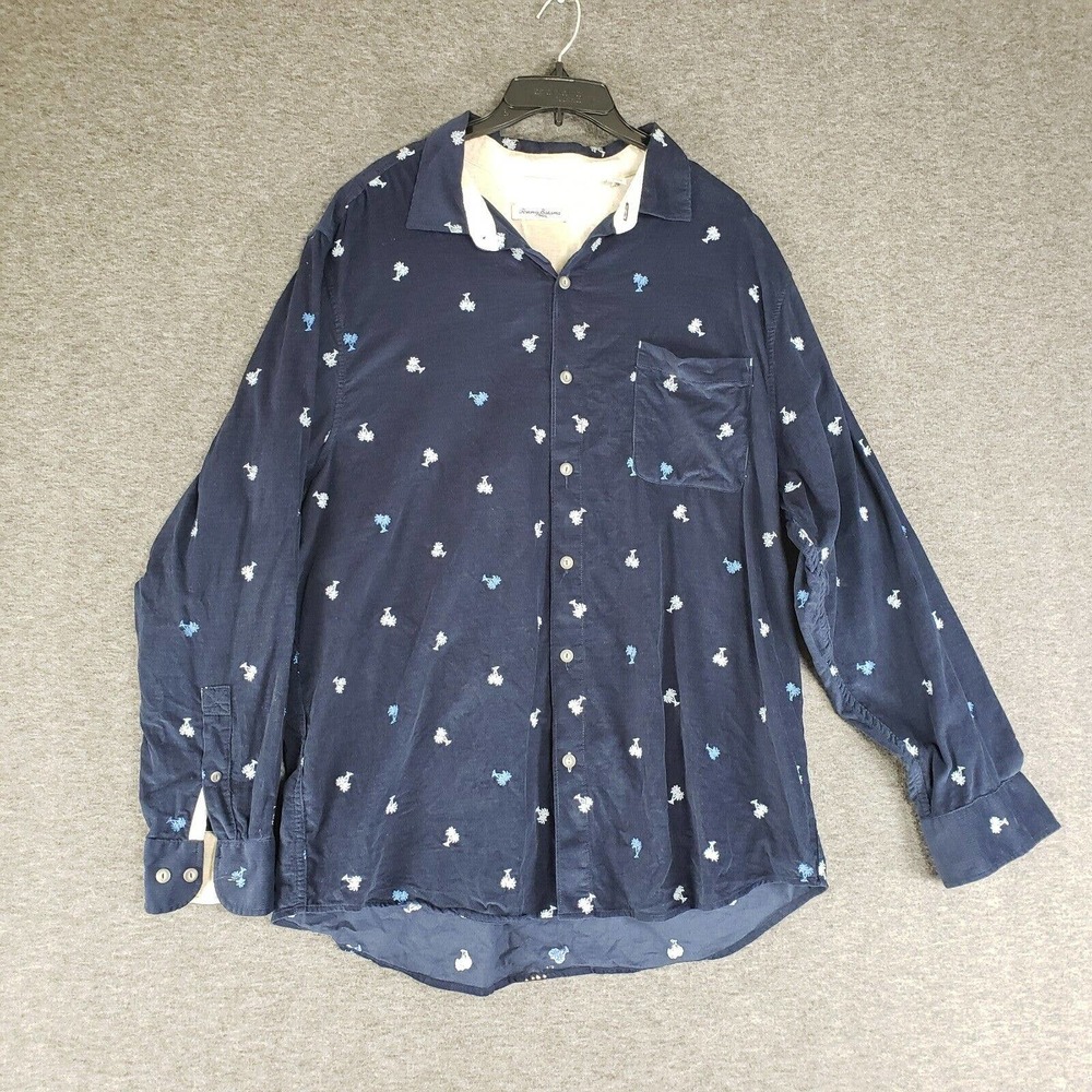 Tommy Bahama Shirt mens Size XL Navy Blue Palm Trees Embroidered Tropical Prep